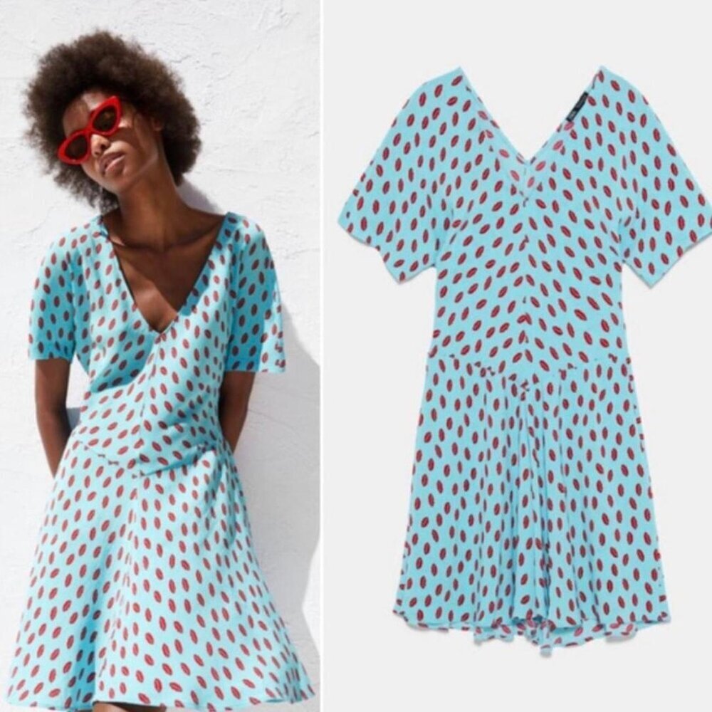 ZARA Turquoise and Red Lip Print V-Neck Mini Dress Size XS 51857